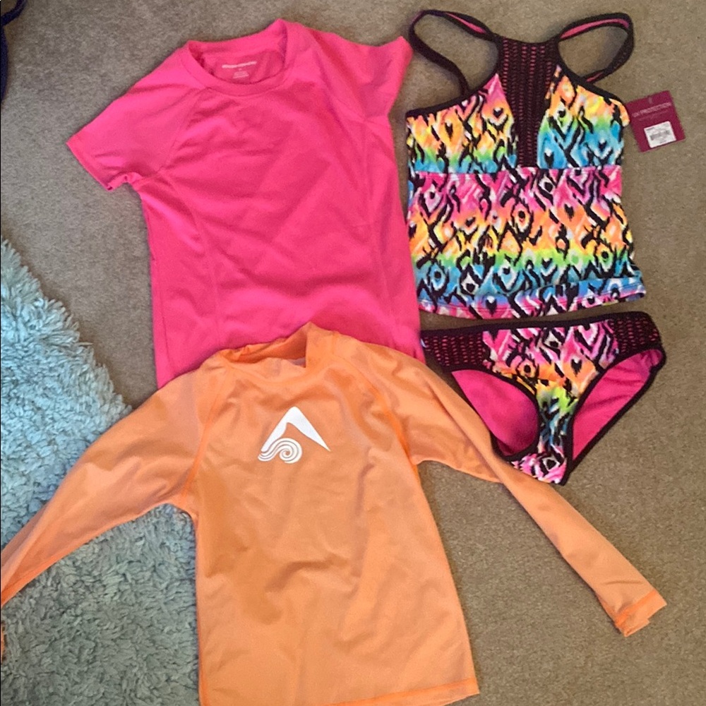 Girls size 10 swim set with two rash guards